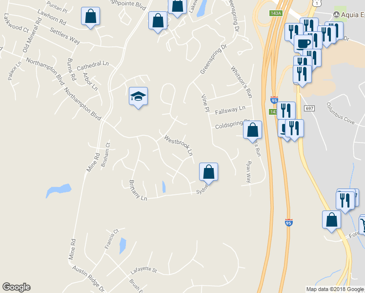 map of restaurants, bars, coffee shops, grocery stores, and more near 14 Westbrook Lane in Stafford