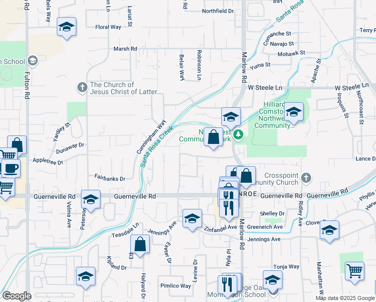 map of restaurants, bars, coffee shops, grocery stores, and more near 2133 Crosspoint Avenue in Santa Rosa