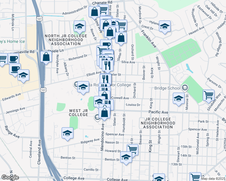 map of restaurants, bars, coffee shops, grocery stores, and more near 1625 Slater Street in Santa Rosa