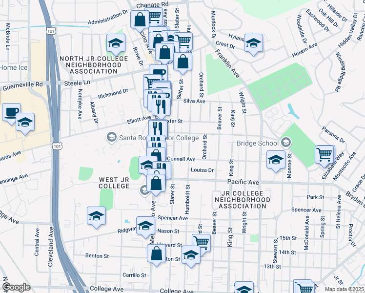 map of restaurants, bars, coffee shops, grocery stores, and more near 1585 Humboldt Street in Santa Rosa