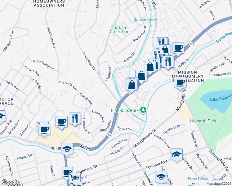 map of restaurants, bars, coffee shops, grocery stores, and more near 101 Massimo Circle in Santa Rosa