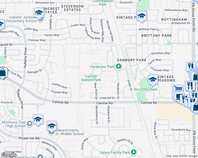 map of restaurants, bars, coffee shops, grocery stores, and more near 8563 New Mountain Way in Sacramento