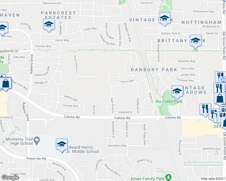 map of restaurants, bars, coffee shops, grocery stores, and more near 8563 New Mountain Way in Sacramento