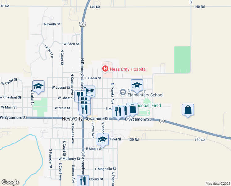 map of restaurants, bars, coffee shops, grocery stores, and more near 500 East Chestnut Street in Ness City