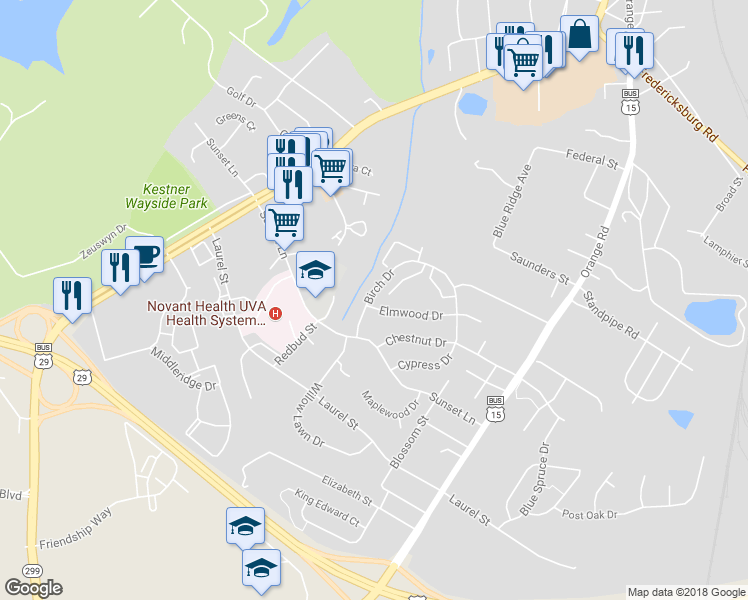 map of restaurants, bars, coffee shops, grocery stores, and more near 1909 Birch Drive in Culpeper