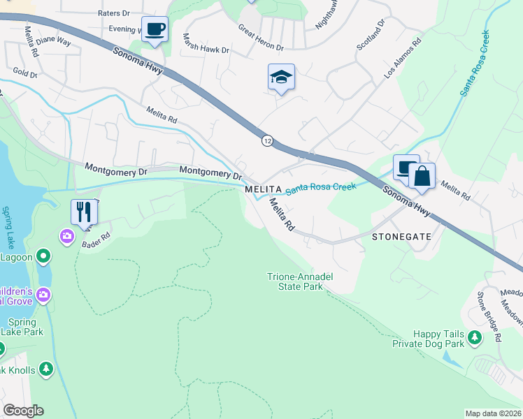 map of restaurants, bars, coffee shops, grocery stores, and more near 5910 Channel Drive in Santa Rosa
