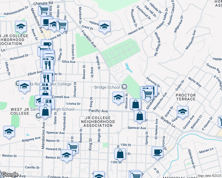 map of restaurants, bars, coffee shops, grocery stores, and more near 1576 North Street in Santa Rosa