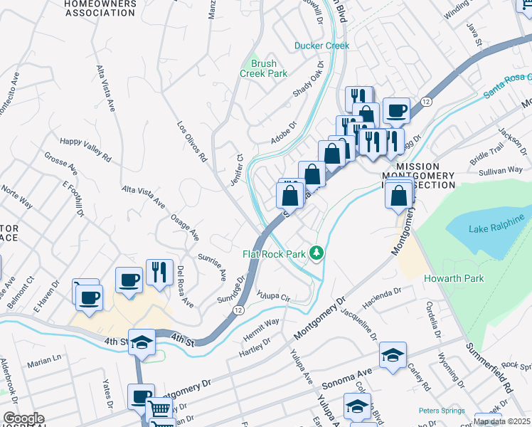 map of restaurants, bars, coffee shops, grocery stores, and more near 155 Larkspur Drive in Santa Rosa