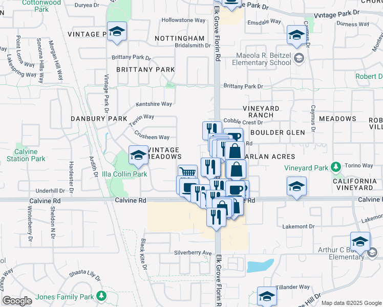 map of restaurants, bars, coffee shops, grocery stores, and more near 8294 Elk Grove Florin Road in Sacramento