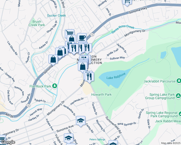map of restaurants, bars, coffee shops, grocery stores, and more near 4340 Montgomery Drive in Santa Rosa