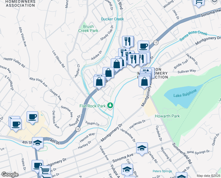 map of restaurants, bars, coffee shops, grocery stores, and more near 4238 Streamside Drive in Santa Rosa