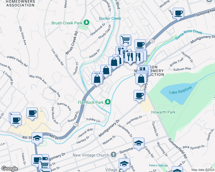 map of restaurants, bars, coffee shops, grocery stores, and more near 4238 Streamside Drive in Santa Rosa