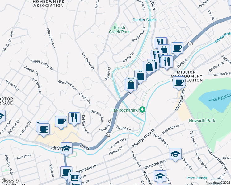 map of restaurants, bars, coffee shops, grocery stores, and more near 101 Massimo Circle in Santa Rosa