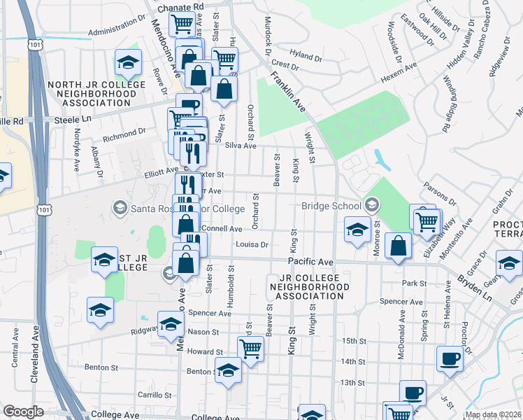 map of restaurants, bars, coffee shops, grocery stores, and more near 1527 Beaver Street in Santa Rosa