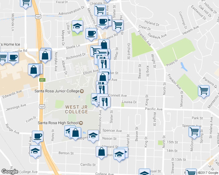 map of restaurants, bars, coffee shops, grocery stores, and more near in Santa Rosa