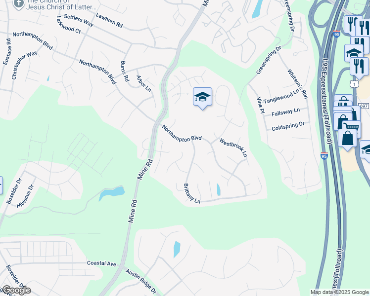 map of restaurants, bars, coffee shops, grocery stores, and more near 28 Halifax Court in Stafford