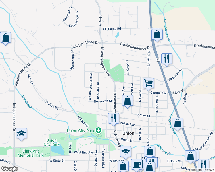 map of restaurants, bars, coffee shops, grocery stores, and more near 1101 North Washington Avenue in Union