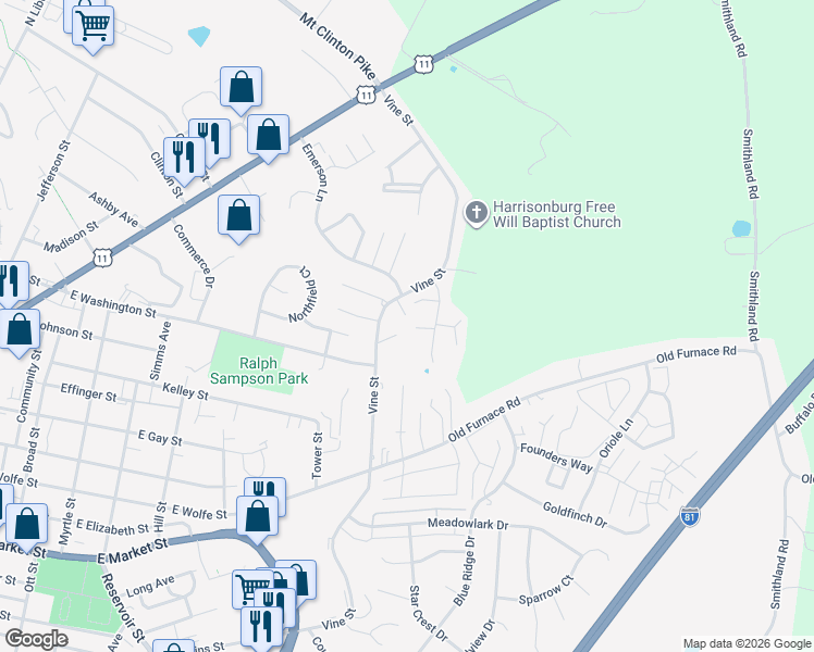 map of restaurants, bars, coffee shops, grocery stores, and more near 1010 Oak View Court in Harrisonburg
