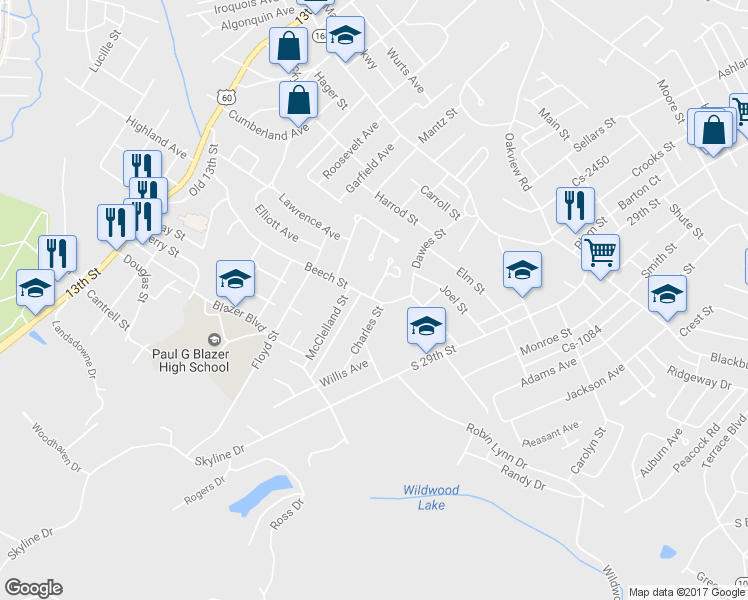 map of restaurants, bars, coffee shops, grocery stores, and more near 2322 Beech Street in Ashland