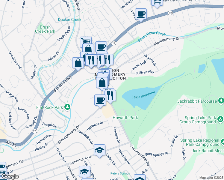 map of restaurants, bars, coffee shops, grocery stores, and more near 4340 Montgomery Drive in Santa Rosa