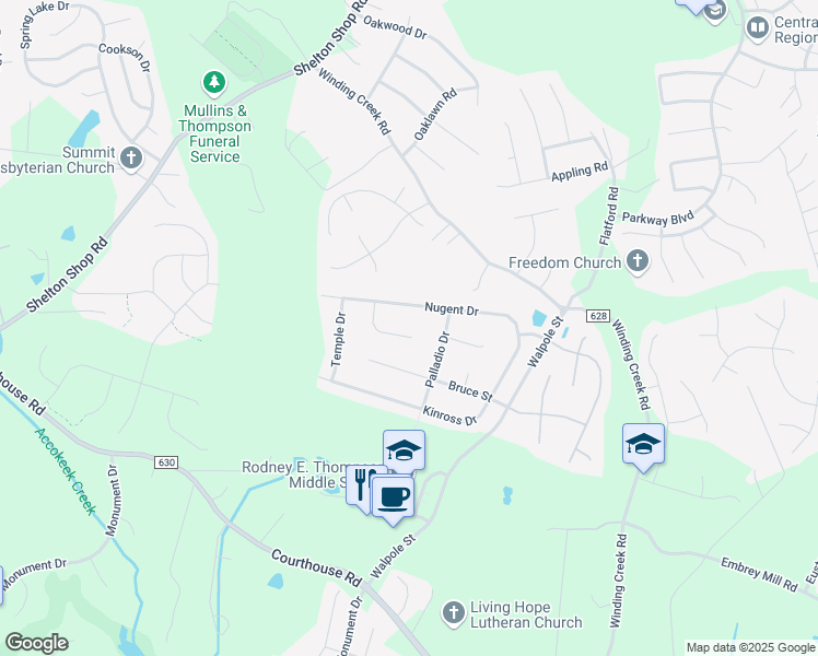 map of restaurants, bars, coffee shops, grocery stores, and more near 19 Vanburgh Court in Stafford