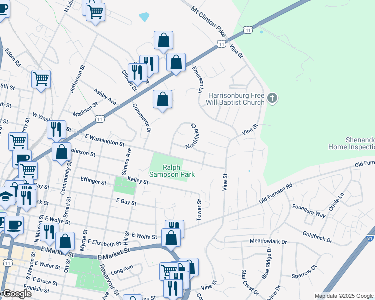 map of restaurants, bars, coffee shops, grocery stores, and more near 439 Northfield Court in Harrisonburg