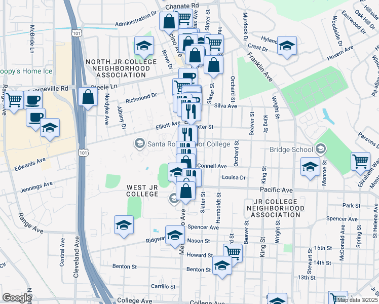 map of restaurants, bars, coffee shops, grocery stores, and more near 1625 Slater Street in Santa Rosa