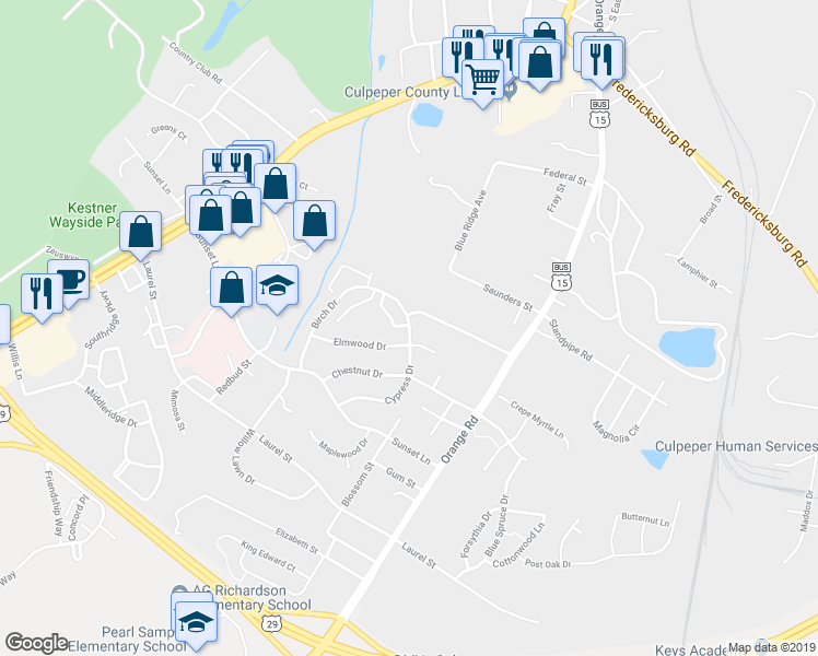 map of restaurants, bars, coffee shops, grocery stores, and more near 1744 Cypress Drive in Culpeper