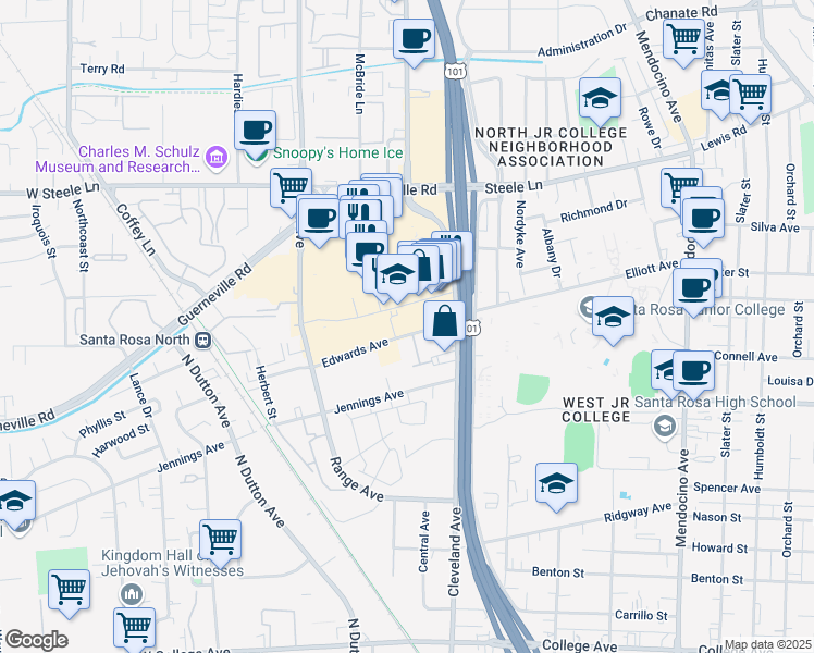 map of restaurants, bars, coffee shops, grocery stores, and more near 933 Edwards Avenue in Santa Rosa