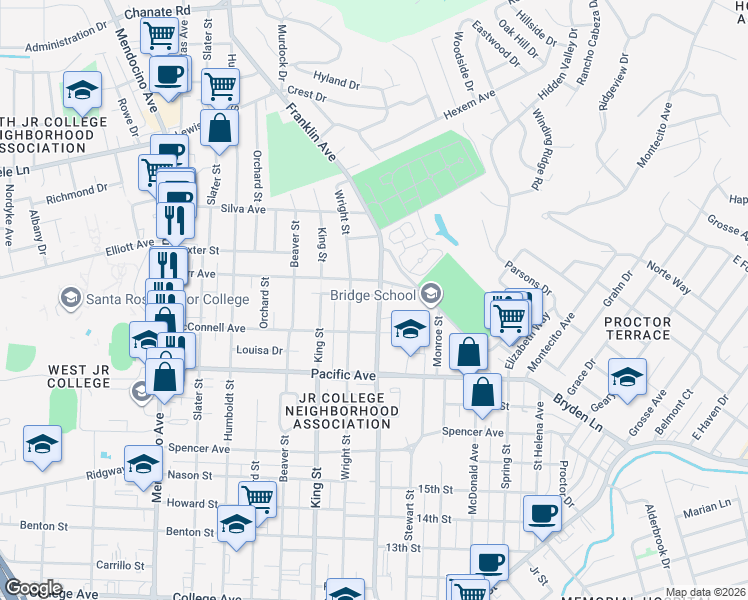 map of restaurants, bars, coffee shops, grocery stores, and more near 1583 North Street in Santa Rosa