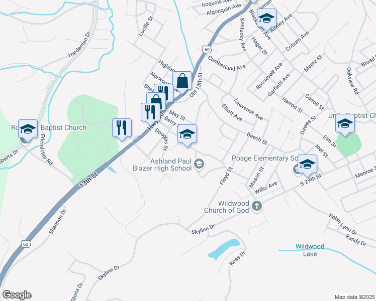 map of restaurants, bars, coffee shops, grocery stores, and more near 1500 Blazer Boulevard in Ashland