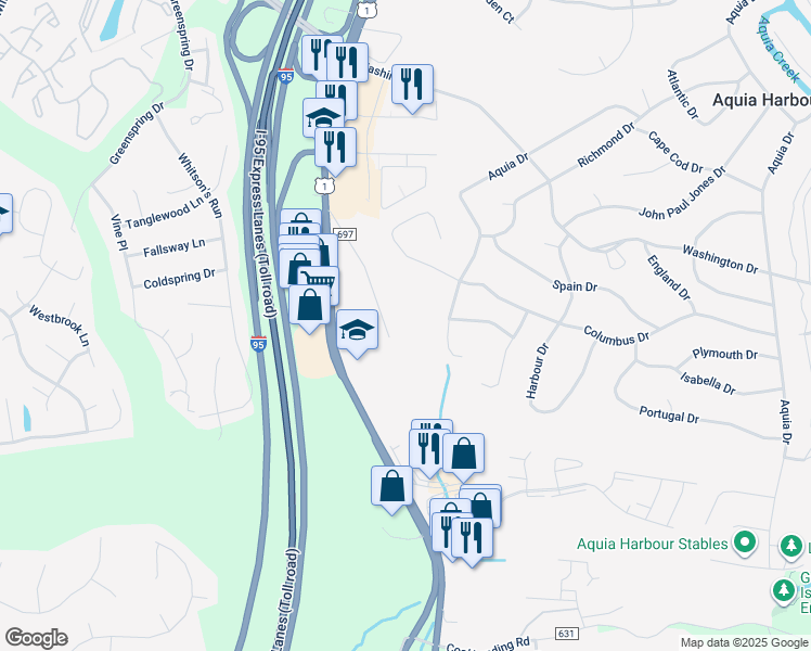 map of restaurants, bars, coffee shops, grocery stores, and more near 73 Derrick Lane in Stafford