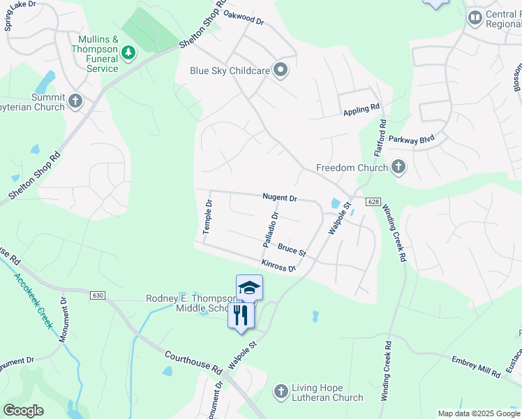 map of restaurants, bars, coffee shops, grocery stores, and more near 21 Vanburgh Ct in Stafford