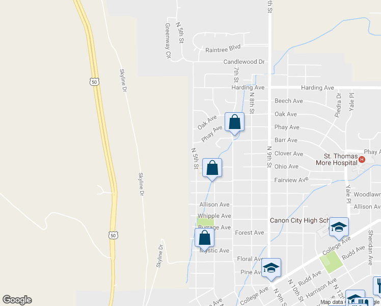 map of restaurants, bars, coffee shops, grocery stores, and more near 1885 North 5th Street in Cañon City