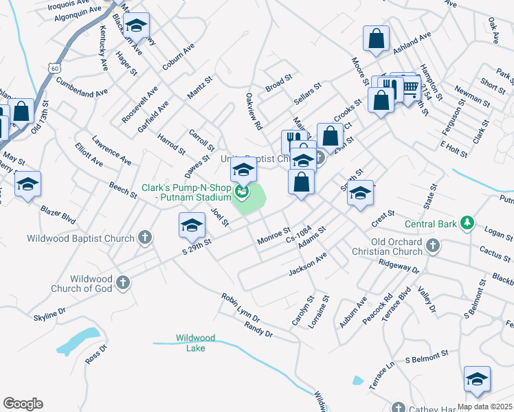 map of restaurants, bars, coffee shops, grocery stores, and more near 2800 Kansas Street in Ashland
