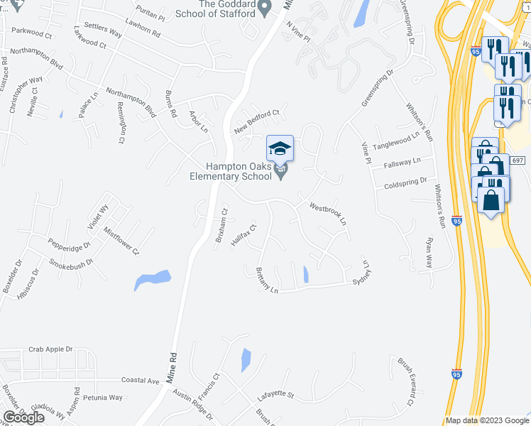 map of restaurants, bars, coffee shops, grocery stores, and more near 71 Brittany Lane in Stafford
