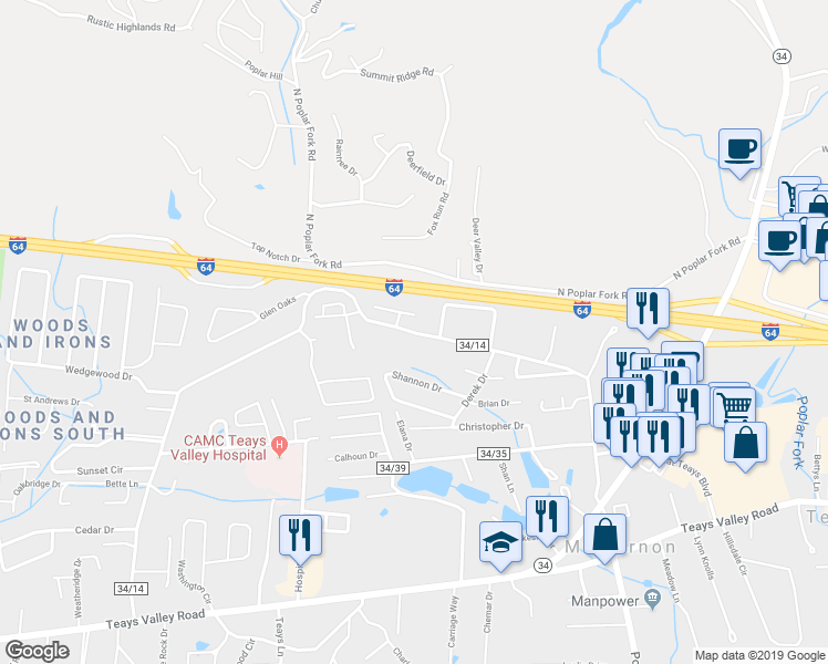 map of restaurants, bars, coffee shops, grocery stores, and more near 2066 Mount Vernon Road in Hurricane