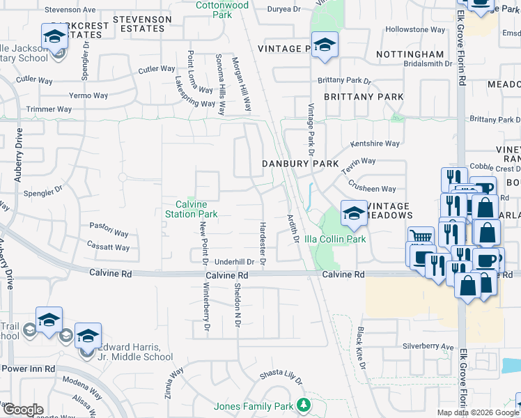 map of restaurants, bars, coffee shops, grocery stores, and more near 8641 Everidge Court in Sacramento