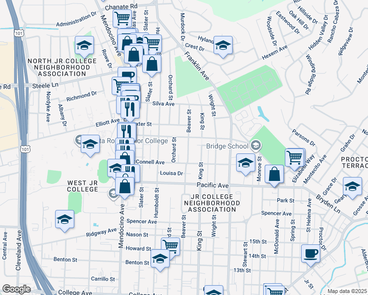 map of restaurants, bars, coffee shops, grocery stores, and more near 1527 Beaver Street in Santa Rosa