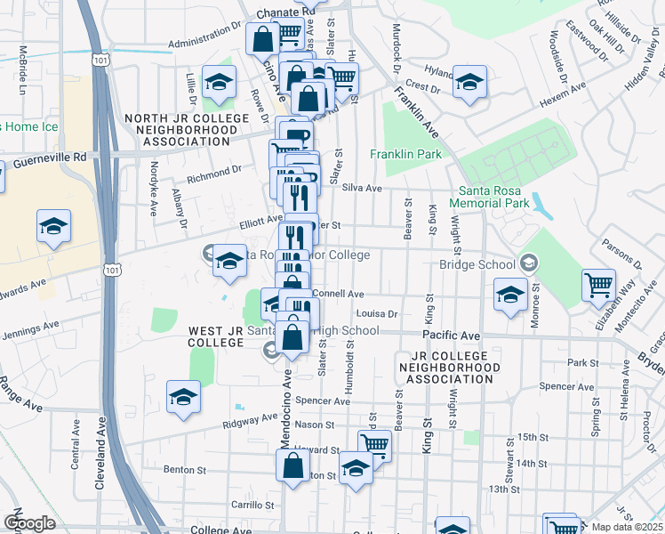 map of restaurants, bars, coffee shops, grocery stores, and more near 1585 Humboldt Street in Santa Rosa