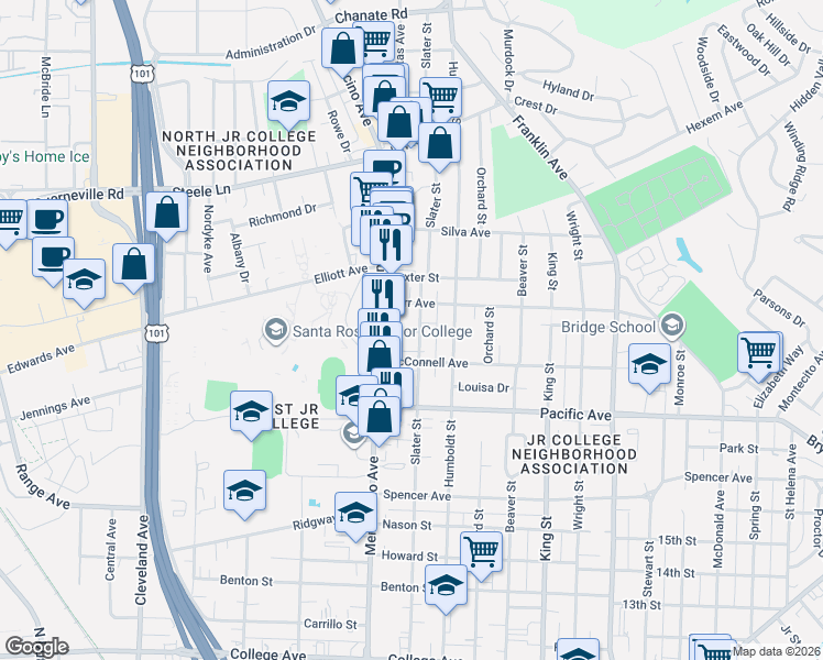 map of restaurants, bars, coffee shops, grocery stores, and more near in Santa Rosa