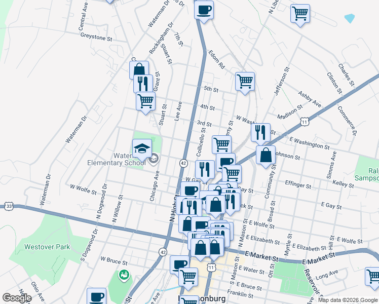 map of restaurants, bars, coffee shops, grocery stores, and more near 511 Virginia Avenue in Harrisonburg