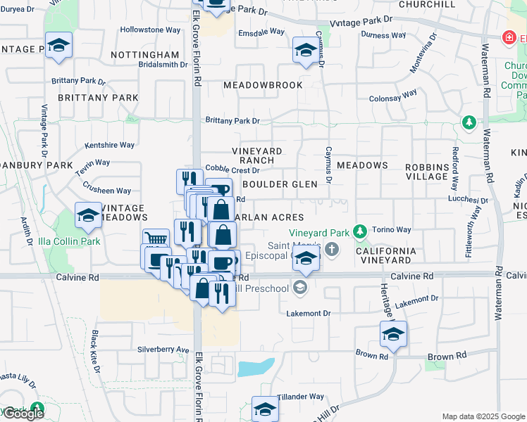 map of restaurants, bars, coffee shops, grocery stores, and more near 8991 Silver Sea Way in Sacramento