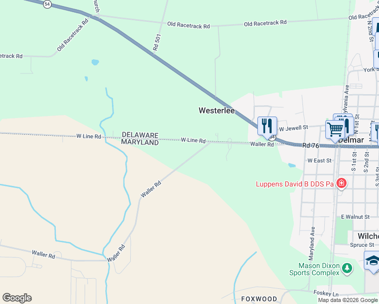 map of restaurants, bars, coffee shops, grocery stores, and more near 29450 Waller Road in Delmar