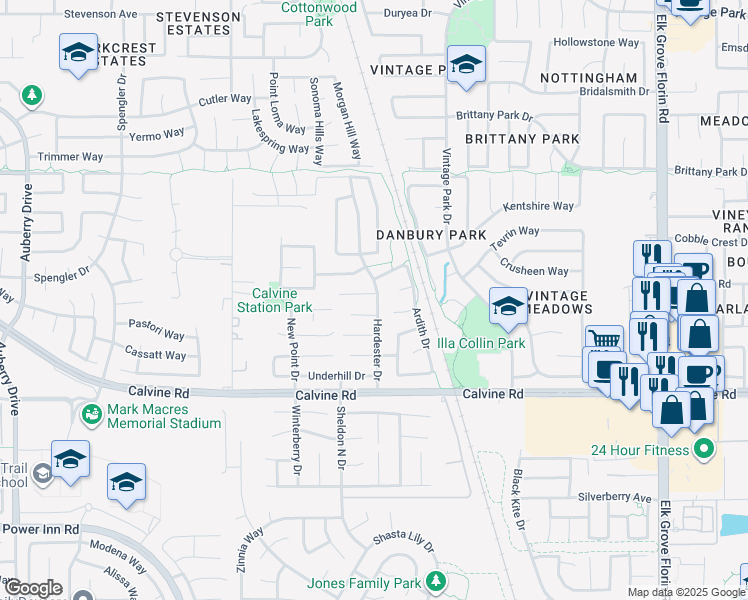 map of restaurants, bars, coffee shops, grocery stores, and more near 8641 Everidge Court in Sacramento