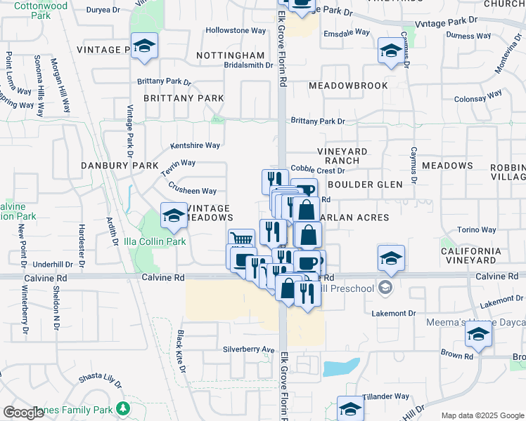 map of restaurants, bars, coffee shops, grocery stores, and more near 8312 Elk Grove Florin Road in Sacramento