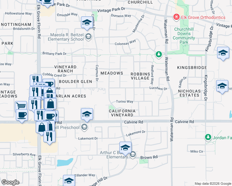 map of restaurants, bars, coffee shops, grocery stores, and more near 9128 Greco Court in Sacramento