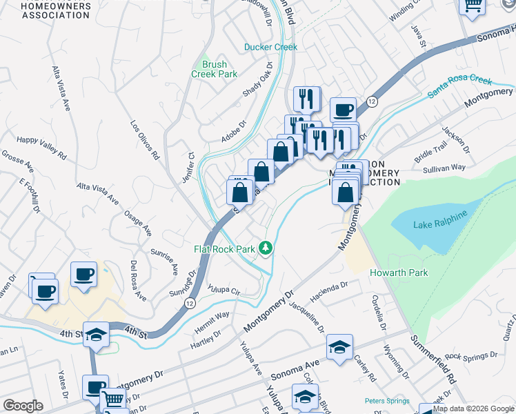 map of restaurants, bars, coffee shops, grocery stores, and more near 4238 Streamside Drive in Santa Rosa