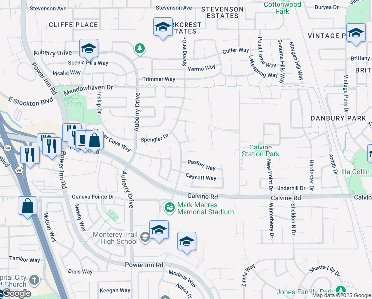 map of restaurants, bars, coffee shops, grocery stores, and more near 8405 Baretta Court in Sacramento