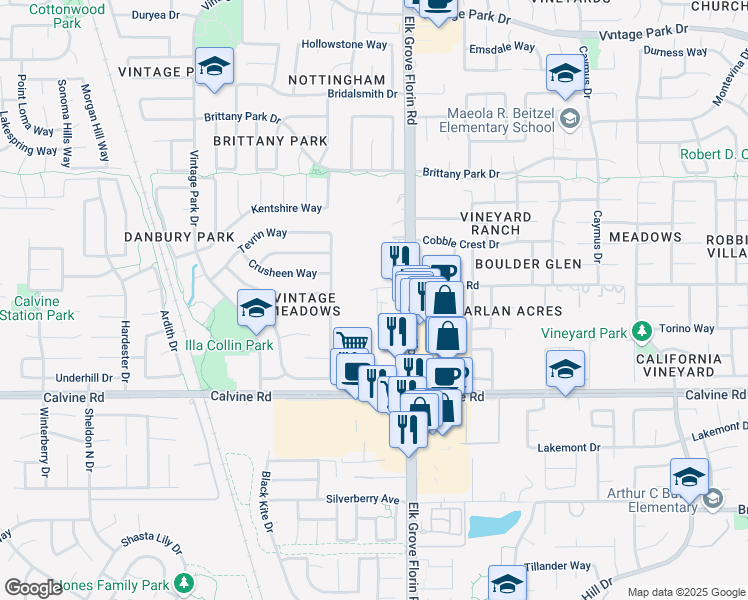 map of restaurants, bars, coffee shops, grocery stores, and more near 8294 Elk Grove Florin Road in Sacramento